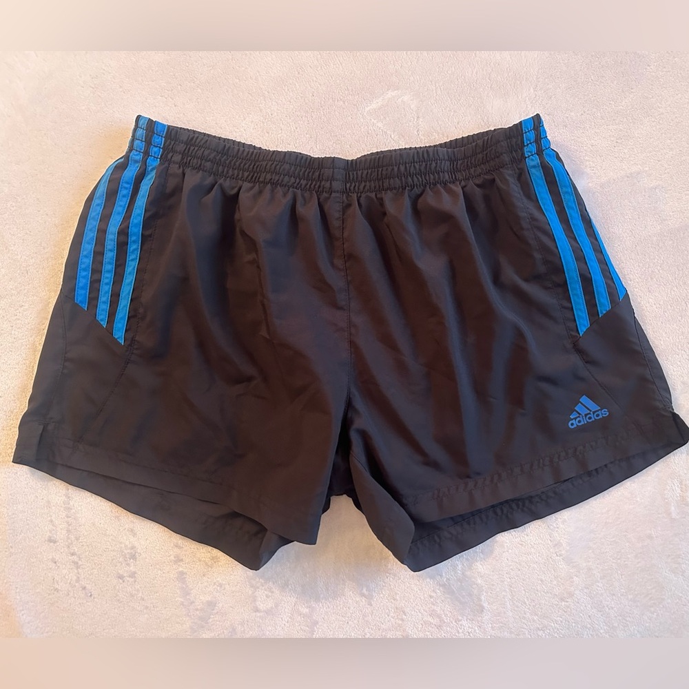 adidas Black Athletic Shorts with Blue Stripes